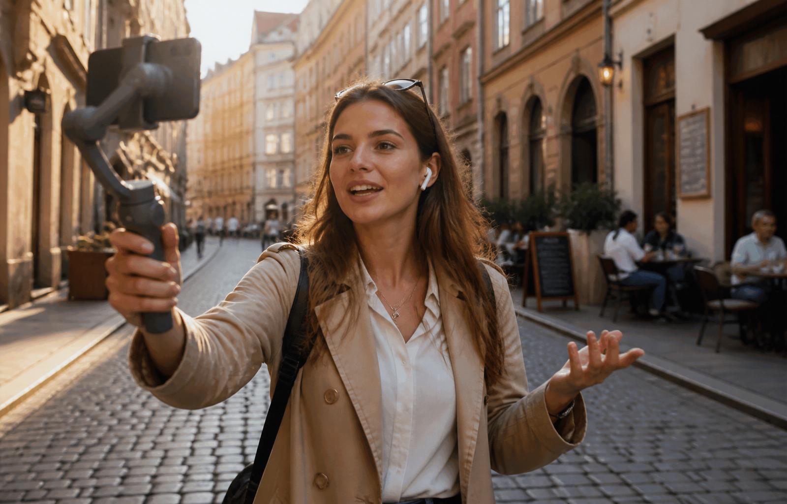 A local guide streaming a live walking tour from a European cobblestone street with a phone gimbal